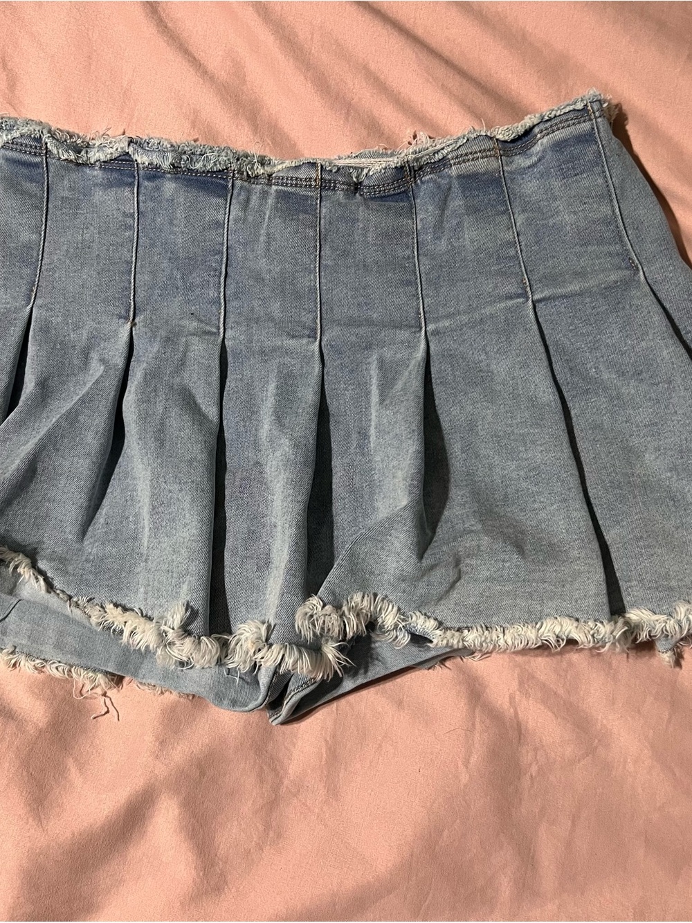 Almost Famous Light Blue Pleated Denim Mini Skort with Raw Fringe